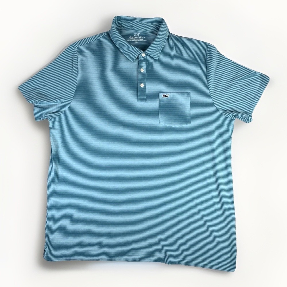 Vineyard Vines Polo Shirt Mens XL Blue Green Edgartown Stretch Stripe Pocket